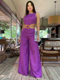 New Summer Solid Women Jumpsuit Sleeveless O-neck Naked Waist Wide Leg Long Pant Bodysuit Fashion Fit Casual