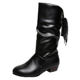 Autumn And Winter Large-Size Knight Boots Low And Round Head After The Tie With Warm Mid-Sleet Boots