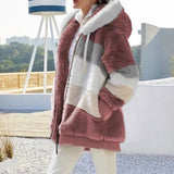 and the United States 2021 autumn and winter warm plush and zipper pocket hooded loose jacket