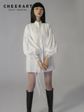 Vintage Court Lantern Sleeve Mini Dress Women White Tassels Long Sleeve Loose Runway Dress 2022 Spring Womens