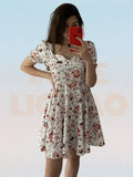 Print Square Neck Puff Sleeve Pleated Hem Dress Summer Backless A-line Casual Dress Women Short Dress Floral