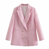Tweed Pink Double Breasted Women Blazer Jacket Coat New Spring Autumn Office Lady Simple Chic Fashion Street