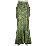 Green Lace Printed Trumpet Long Skirt- Outfit