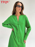 Casual Green Linen Dress Ladies Fashion V-Neck Long Sleeve Slit Midi Dress Elegant Single-Breasted Dresses For