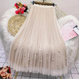Both Sides Wear Pearls Mesh Skirt Women 2022 Summer Velvet High Waist Long Skirts Woman Solid Color A Line Pleated