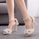 Summer New High Heel Fish Mouth Women's White Flower Sandals One-Word Buckle With Casual Wedding Women's