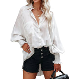 Autumn Streetwear Solid Loose Casual Shirt Female Lantern Long Sleeve Beach Holiday Blouse Button Up All-match Blusa