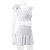 White Ruched Bandeau Top And Mini Skirt Set-Outfit