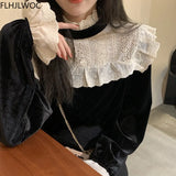 Sales Women Patchwork Hollow Out White Lace Tops Stand Collar Formal Design Black Cute Sweet Ruffled Shirts Blouses