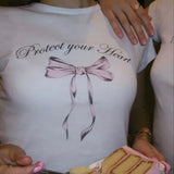 Short Sleeve Bow Text Print White Tee-Outfit
