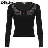SUCHCUTE Rhinestone Gothic Clothes Women T-Shirts Harajuku Long Sleeve Dark Academia Slim Clubwear Tops Vintage Casual 90s