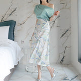 Women 2 Piece Suits 2020 Summer Sexy Blue Off Shoulder Shirt Tops + High Waist Print Long Party Beach Skirt