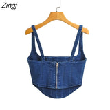 Women Sexy Blue Elastic Denim Sling Blouse Female Summer Back Zipper Slim Short Smock Shirt Chic Crop Blusas Tops