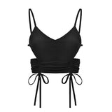 Women Solid Sexy Halter Tank Tops Spaghetti Strap Camisole Knitted Ruched Drawstring Crop For Club Summer