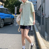 Zingj Loose Green Plaid Short-Sleeved Shirt Female Summer Design Sense Small Minority Lapel Shirt Thin Coat