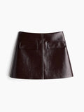 2024 Autumn And Winter New Fashion Red Brown Bright Face Short Lapel Jacket Leather Skirt Woman-Outfit