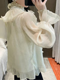 Fashion Chiffon Lace Shirts Stand Collar Korean Ruffles Stitching Button Blouse Woman Long Flare Sleeve Loose Tops