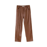 Winter Fleece Pu Leather Pants Women High Waist Straight Pants solid color spliced trousers