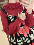 Kawaii Ruffle High Collar Sweater Women Japanese Vintage Soft Girl Lantern Sleeve Cute Lolita Knitted Jumper