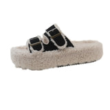 Zingj Autumn And Winter Large Size Double Buckle Platform Slippers With Velvet And Thick Lamb Wool Slippers Warm Shoes-Outfit