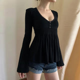 Lust Wind Base Solid Color V-Neck Lace Lace Bottom Long-Sleeved Girl Feel Perfect Waist