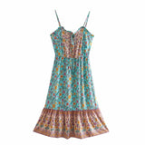 Queens Women Elegant Floral Print Sleeveless Beach Bohemian Midi Dresses Ladies Rayon Cotton Boho Dress