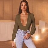 Bodysuit Sexy Black Deep V Neck Puff Sleeve Bodycon Jumpsuit Elastic Casual Party Winter Bodysuits Body Tops