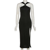 Women's Clothing 2022 Summer Elegant Black Red Halter Backless Split Mid-calf Evening Prom Dress Sexy Off Shoulder Party