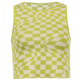 Plaid Knitted Crop Tank Tops Women Summer Vintage Sleeveless Cropped Top Tees Koreank Casual Knitwear