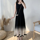 Women's Elegant Fashion Ice Silk Mesh Patchwork Knitted Long Dresses Ladies Sleeveless Temperament Slim Robe Casual