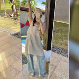 Zingj Lovely Condole Belt Hollow Out Fold Wear V-Neck Vest Dress Loose Languid Lazy Feeling Knit In Long Smock Skirt Female-Outfit