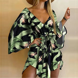 Women Elegant Dresses Sexy V Neck Lace-up Floral Print Mini Dress Casual Flared Sleeves Irregular Ladies Party