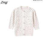 Women Fashion Front Jewel Button Knit Cardigan Sweater Vintage O Neck Short Sleeves Female Outerwear Chic