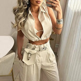 Zingj 2023 New Fashion Solid Color Lapel Sexy Sleeveless Top Casual Pants Suit-Outfit