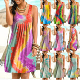New Fashion O Neck Women's Mini Dress 2021 Casual Loose Tie Dye Print Sleeveless Folds Ladies Vest Beach Dress Plus