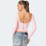 Pink Backless Bow Long Sleeve Top-Outfit