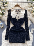 Sexy Mesh Backless Dress Square Collar Lace Up Long Sleeves Print Hollow Out Women Fashion Slim Fit Club Bodycon