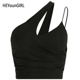 Irregular Halter Tank Top Women Harajuku Backless Cropped Top Ruched Black Cami Tops Tees Ladies Summer Party