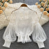 Through Mesh Lace Blouse with Lining Women Elegant Embroidery Floral Lantern Sleeve Slim Short Tops Ladies Sexy Shirts