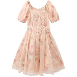 Clothing Dress Lace Broken Flowers V Neck Puff Short Sleeve Vintage Fashion High Waist Baggy Long Skirt Ladies