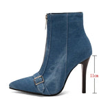 Fashion Denim Women Boots Buckle Thin High Heel Ankle Boots Pointed Toe Front Zipper Autumn Winter Ladies