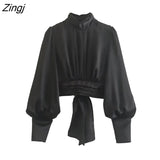 Women Fashion Press Pleats Design Stand Collar Black Satin Smock Blouse Female Hem Bow Crop Shirt Chic BlusasTops
