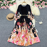 Zingj New Women's Dress Oversized Skirt Print Pleated Waist Lace Holiday