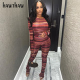 Women Autumn Long Sleeve Striped Printed T Shirt Tops Long Pant Two Piece Set Suit 2021 Fall Clothes Wholesale