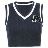 Letter Print Knitted Tank Sweater Vest Women Sleeveless V Neck Vintage Crop Top Preppy Style Vintage
