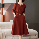 And Autumn 2025 Luxury Temperament Orange Red Design Sense V Collar Long-Sleeved Dress Elegant Commute Fashion Long