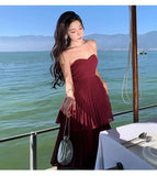 Red Layered Strapless Midi Dress-Outfit