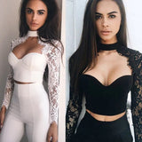 Sexy Lace Patchwork Tops Long Sleeve Push Up Padded Bra Sexy Crop Tops Ladies Lace T-Shirt Tops Slim Tops