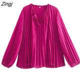 Women Fashion V Neck Solid Pleated Smock Blouse Female Long Sleeve Casual Chiffon Shirt Chic Kimono BlusasTops
