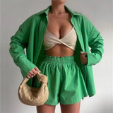 Tracksuits Shirt With Mini Shorts Cotton Two Pieces Sets Fashion Clothing Outfits Women Blouses Fashion